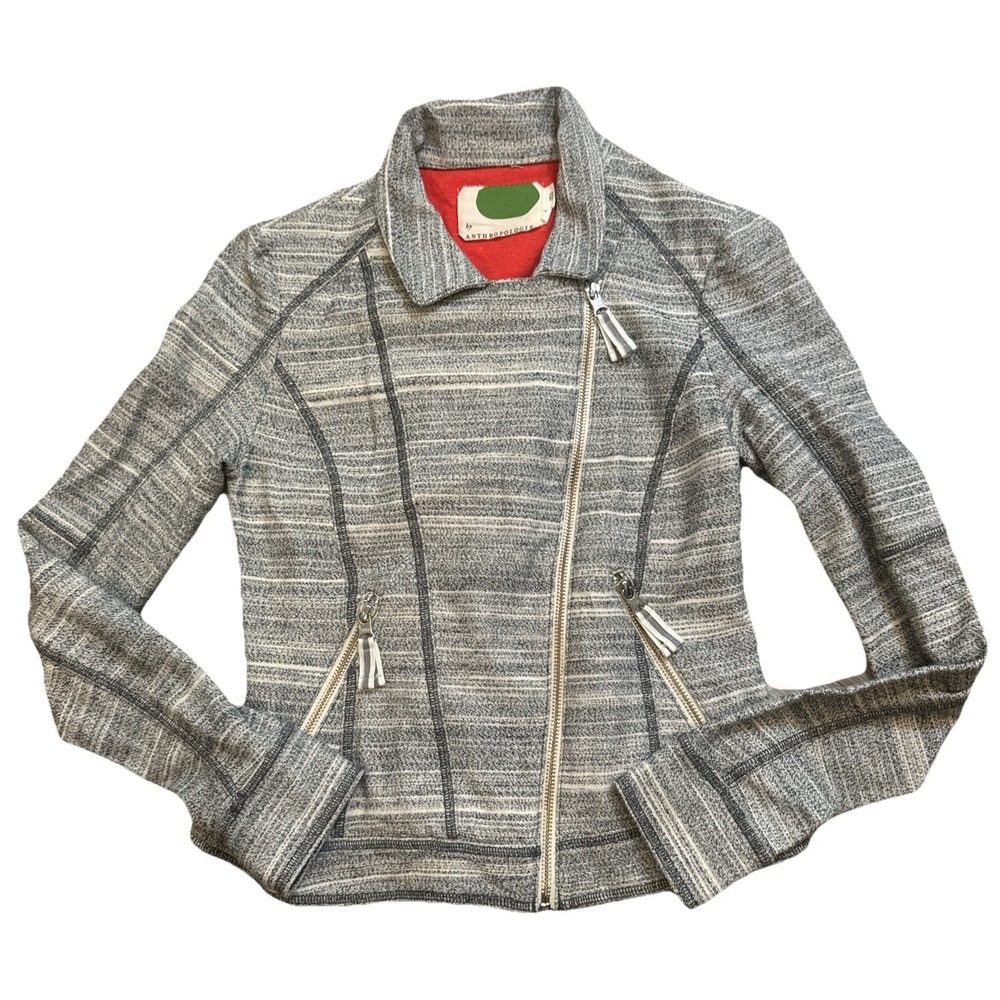 Anthropologie‎ Cropped Knit Moto Jacket Gray Asymmetrical Zip Front Pocket XS